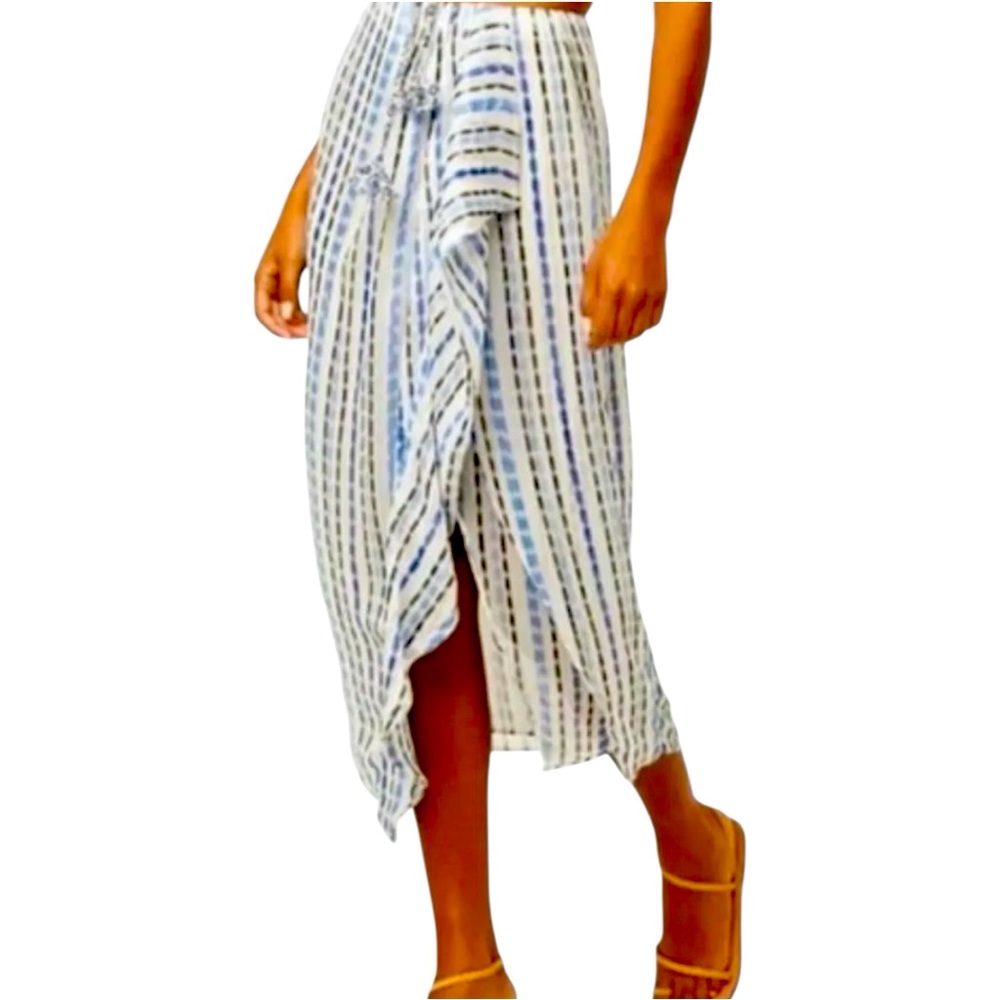 Misa Los Angeles White & Blue Striped Midi Wrap Skirt